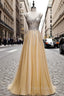 Gold Tulle V-neck Beading Sequins Formal Prom Dresses