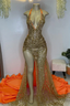 Gold V-Neck Halter Gold Beaded Sparkle Orange Train Prom Dresses