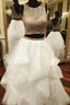 Gold White Ball Gowns Two Piece Tulle Backless Formal Prom Dresses