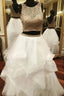 Gold White Ball Gowns Two Piece Tulle Backless Formal Prom Dresses