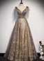 Gorgeous A-line V-neckline Long Party Dresses Formal Prom Dresses, Lace Evening Dresses