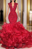 Gorgeous Beads Appliques Red Formal Prom Dresses Ruffles Fit and Flare Alluring Evening Gowns