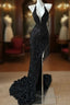 Gorgeous Black Sequin Mermaid Spaghetti Strap Vling Long Formal Prom Dresses Backless Formal Evening Dresses