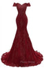 Gorgeous Burgundy Formal Prom Party Gowns| Mermaid Lace Evening Gowns