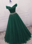 Gorgeous Dark Green Tulle Off Shoulder Long Party Dresses, Formal Prom Gown