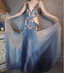 Gorgeous Gradient Blue 3D Floral Openwork Chiffon Long Formal Prom Dresses