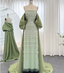 Gorgeous Green Strapless Beaded Cape Satin Train Formal Prom Dresses