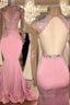 Gorgeous High-Neck Backless Pink Formal Prom Party GownsMermaid With Lace Appliques