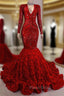 Gorgeous Long Sleeves Sequins Formal Prom Dresses Mermaid V-Neck With Flowers Bottom