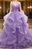 Gorgeous Purple Straps Layers Tulle V-neckline Long Evening Dresses, Light Purple Formal Prom Dresses
