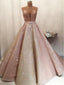 Gorgeous Shiny Rose Gold Satin Strapless Ball Gown Formal Prom Dresses