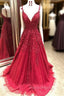 Gorgeous Spaghetti Strap Applique Formal Prom Dresses Red Tulle Sleeveless Evening Dresses