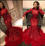 Gorgeous Sparkly Red Mermaid Formal Evening Dresses Sequined With Feathers Long Sleeve African Black Girl Formal Prom Dresses Formal Party Gown
