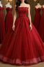 Gorgeous Strapless Burgundy Lace Beaded Long Formal Prom Dress, Lace Burgundy Formal Evening Dress, Burgundy Lace Ball Gown