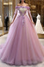 Gorgeous Tulle Off Shoulder Flowers Lace-Up Long Formal Dresses, Pink Formal Prom Dresses