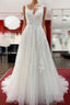 Graceful Long A-line Tulle V Neck Lace Open Back Wedding Dresses