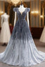 Gradation Gray Tulle V-neck Beading Formal Prom Dresses