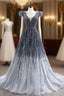 Gradation Gray Tulle V-neck Beading Formal Prom Dresses