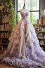Gradient Purple Strapless Tulle Vintage Long Ball Gown, Sweetheart Veck Lace Applique Formal Evening Gown