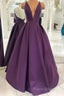 Grape Purple Satin V Neck Backless Long Formal Prom Dresses