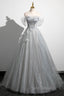 Gray A-Line Off the Shoulder Tulle Formal Prom Dresses, Lovely Corset Floor Length Party Dresses