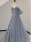 Gray A line tulle off shoulder Formal Prom dress, gray long evening dress