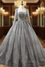 Gray Ball Gown Sequins Long Sleeve Backless Wedding Dresses