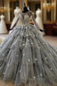 Gray Ball Gown Tulle Tiers Long Sleeve Appliques Beading Wedding Dresses