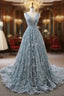 Gray Blue Ball Gown Tulle Appliques V-neck Backless Formal Prom Dresses