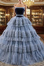 Gray Blue Ball Gown Tulle Strapless Tiers Pleats Formal Prom Dresses