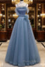 Gray Blue Tulle Long Formal Prom Dresses A Line Evening Dresses Formal Dresses December Wedding Guest Dresses