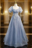 Gray Blue Tulle Sequin Long Formal Prom Dresses, Gray Blue Evening Dresses