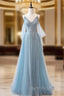 Gray Blue V Neck Tulle Sequin Long Formal Prom Dresses, Blue Evening Dresses