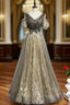 Gray Gold Tulle Sequins V-neck Short Sleeve Pleats Formal Prom Dresses