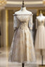 Gray Gold Tulle Short Sleeve Off the Shoulder Formal Prom Dresses