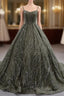 Gray Green Tulle Strapes Sequins Formal Prom Dresses