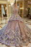 Gray High Neck Tulle Appliques Backless Wedding Dresses