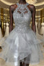 Gray Lace Short Formal Prom Dresses, Fluffy Gray Lace Homecoming Dresses, Gray Formal Evening Dresses