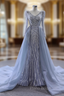 Gray Mermaid Long Sleeve Beading Formal Prom Dresses With Detachable Train