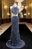 Gray Mermaid Sequins Halter Beading Formal Prom Dresses
