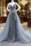 Gray Mermaid Sequins Strapless Pearls Feather Formal Prom Dresses