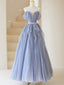 Gray Purple Tulle Long Formal Prom Dresses, Purple A Line Prom Dresses