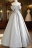 Gray Satin Long Formal Prom Dresses, A-Line Spaghetti Straps Evening Graduation Dresses