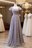 Gray Sequins Square Short Sleeve Formal Prom Dresses