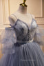 Gray Spaghetti Strap Lace Long Formal Prom Dresses, Off the Shoulder Evening Party Dresses
