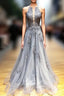 Gray Tulle Appliques Halter Backless Formal Prom Dresses