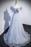 Gray Tulle Beaded Long Formal Prom Dresses, Off the Shoulder Evening Dresses with Bow