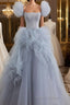 Gray tulle beads long Formal Prom dress, gray tulle formal dress
