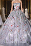 Gray Tulle Embroidery Strapless Quinceanera Dresses
