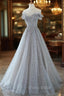 Gray Tulle Lace Floor Length Evening Dresses, Off the Shoulder Formal Prom Dresses